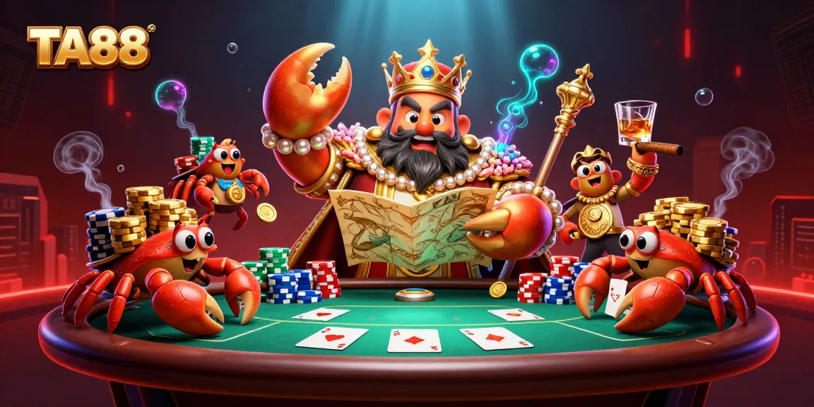 TA88 gaming adventure led by a golden crab emperor amidst vibrant poker elements.