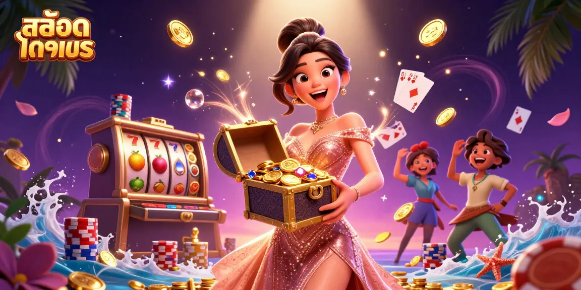 Experience exciting สล็อตทดลอง with vibrant treasure chest and dynamic casino elements in a stunning illustration.
