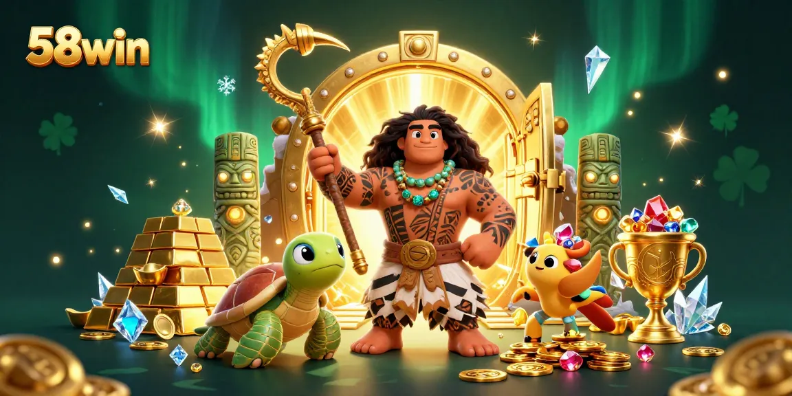 Engage with thrilling opportunities at 58win, showcasing a vibrant Polynesian gaming scene packed with riches.