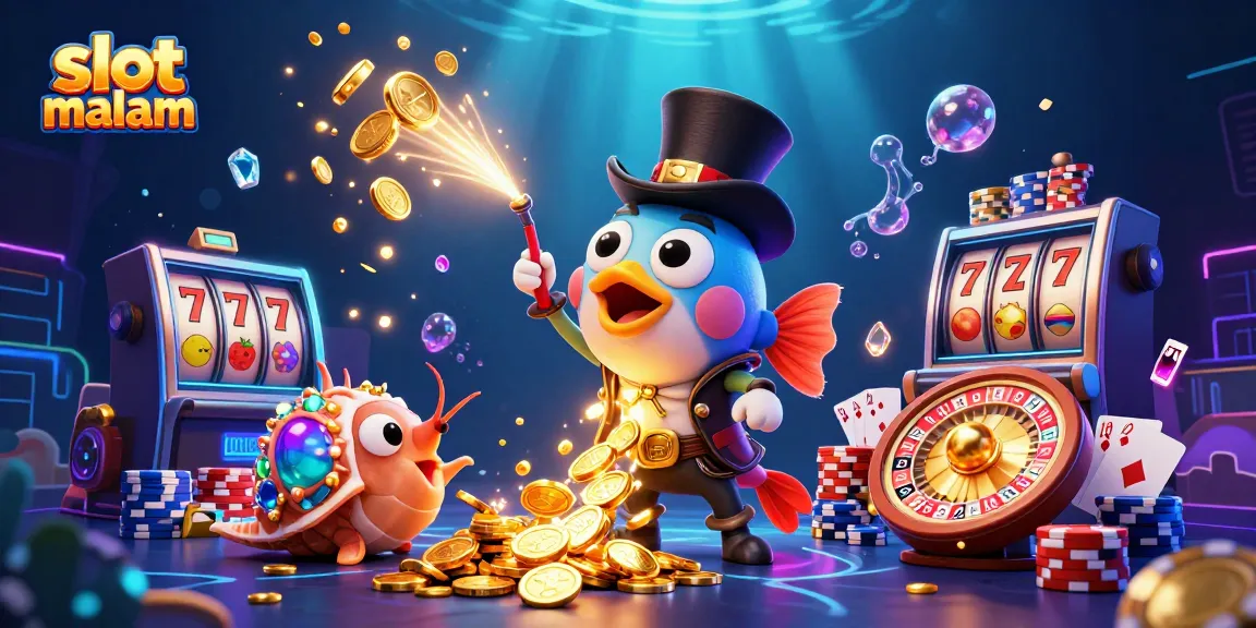 Experience slot malam excitement with a vibrant underwater casino scene featuring an anglerfish attracting gold coins.