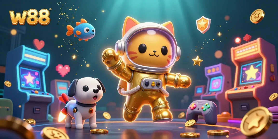 Chơi cá cược đa dạng tại W88 qua hình ảnh chú mèo vũ trụ và chú chó robot.