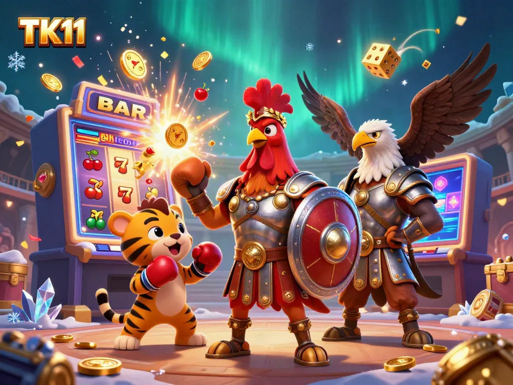 Join the excitement of TK11 with a gladiator rooster in a jackpot-filled casino scene, showcasing vibrant gaming elements.