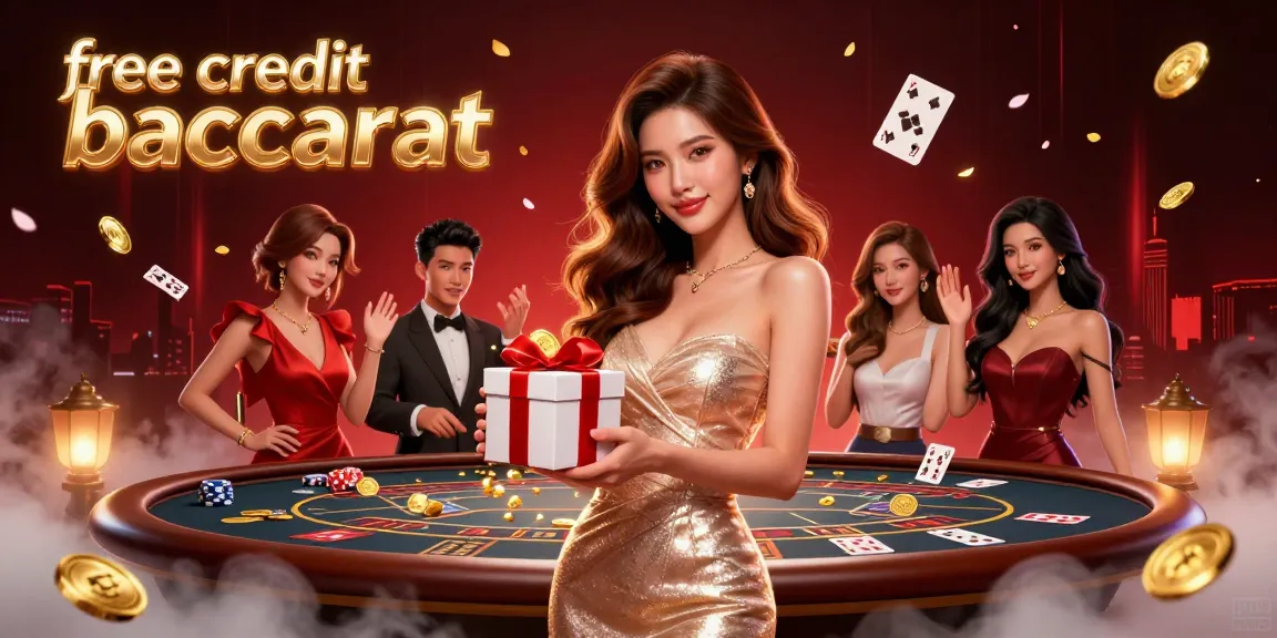 Win big with free credit baccarat promotions in a festive Lunar New Year casino scene.