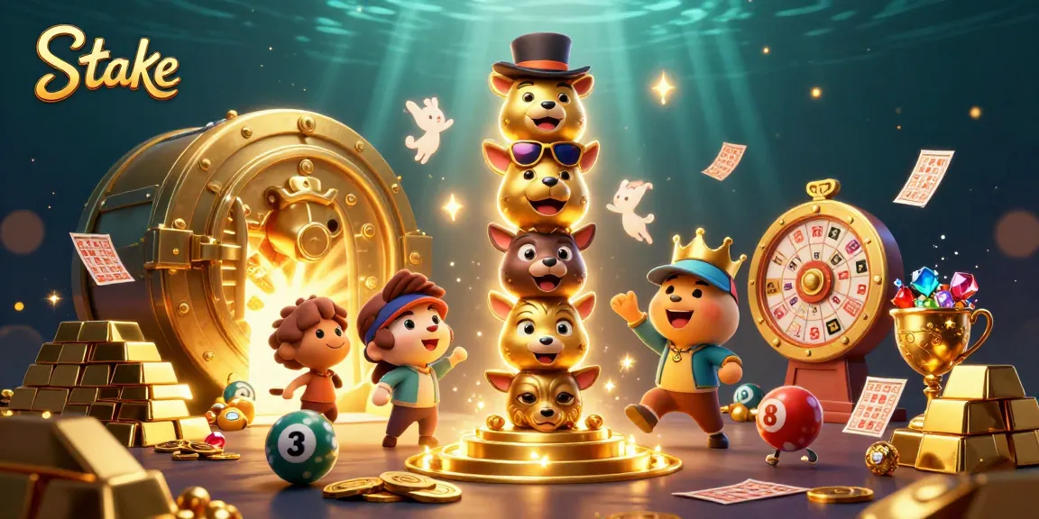 Stake players spin the prize wheel, surrounded by gold treasures and lottery elements.