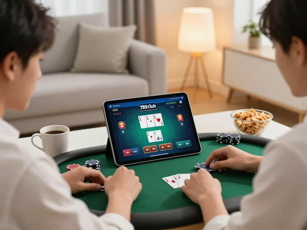 Player enjoying interactive poker game on the 789 club app in a cozy living room