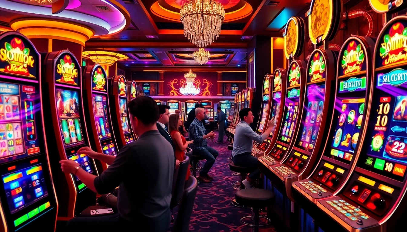 Exciting players spinning reels on vibrant slot online machines in a luxurious casino.