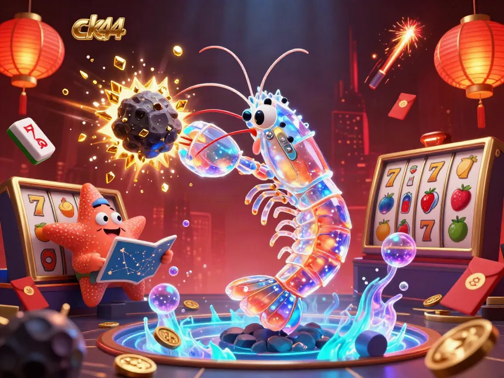 Join ck44's thrilling casino adventures as a gallant mantis shrimp bursts through an asteroid showering coins!