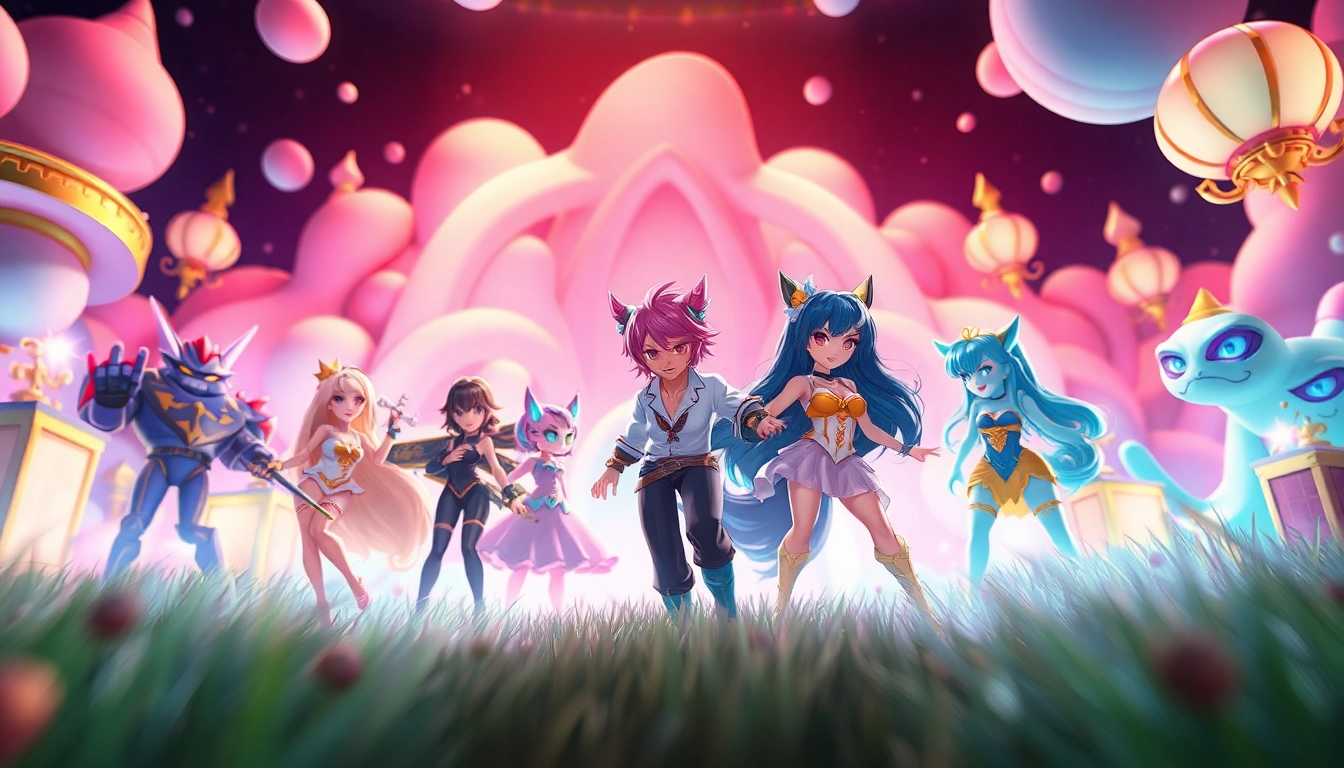 Engaging characters from popular porn games in a vibrant fantasy landscape, showcasing dynamic action and playfulness.