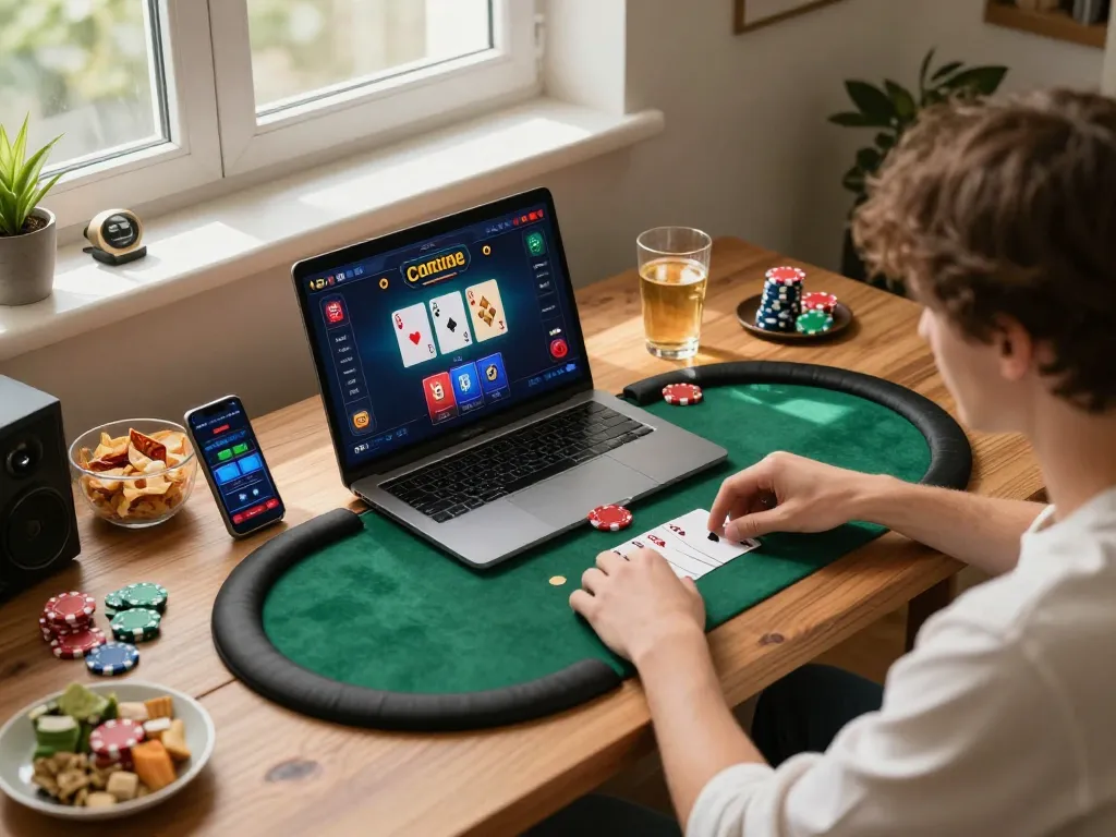 Engaged player enjoying poker at home with casinos not on gamstop apps on display.