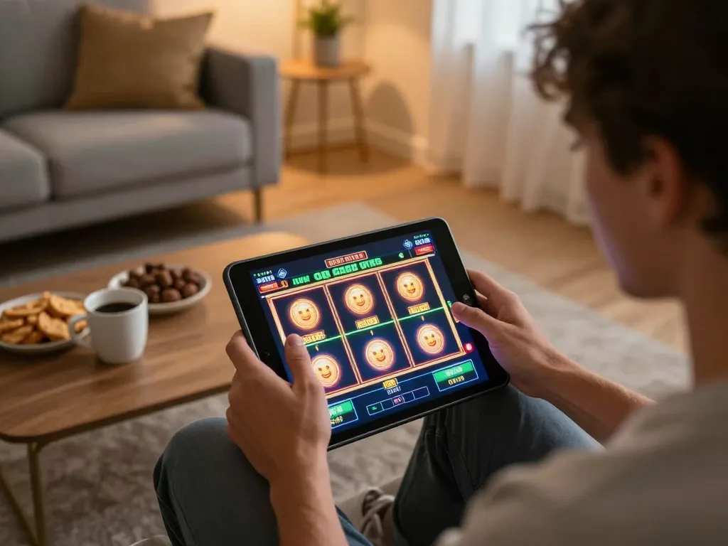 Hi88 player enjoying an exciting online slots experience in a cozy home setting