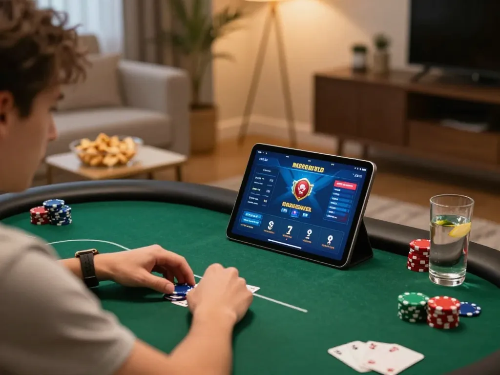 Engaging in online poker gameplay using m118 strategy in a cozy living room setting