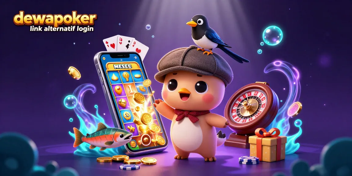Engage with dewapoker link alternatif login through colorful slot games and dynamic casino elements in a vibrant scene.