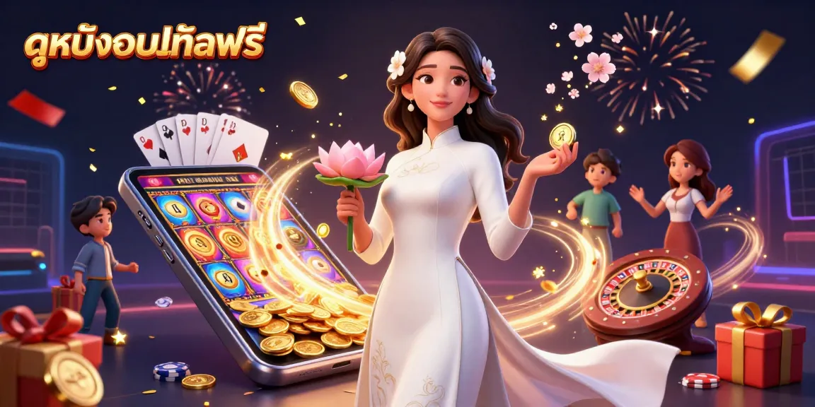 Engage with ดูหนังออนไลน์ฟรี in a vibrant 3D casino illustration showcasing a serene Asian woman with gaming elements.