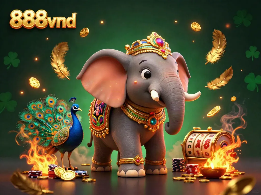 Experience the thrill of 888vnd with this dynamic casino scene featuring a colorful elephant and peacock.