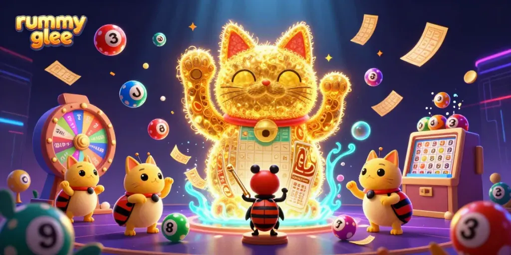 Rummy glee menarik pemain dengan karakter kucing keberuntungan dan simbol kasino yang ceria.