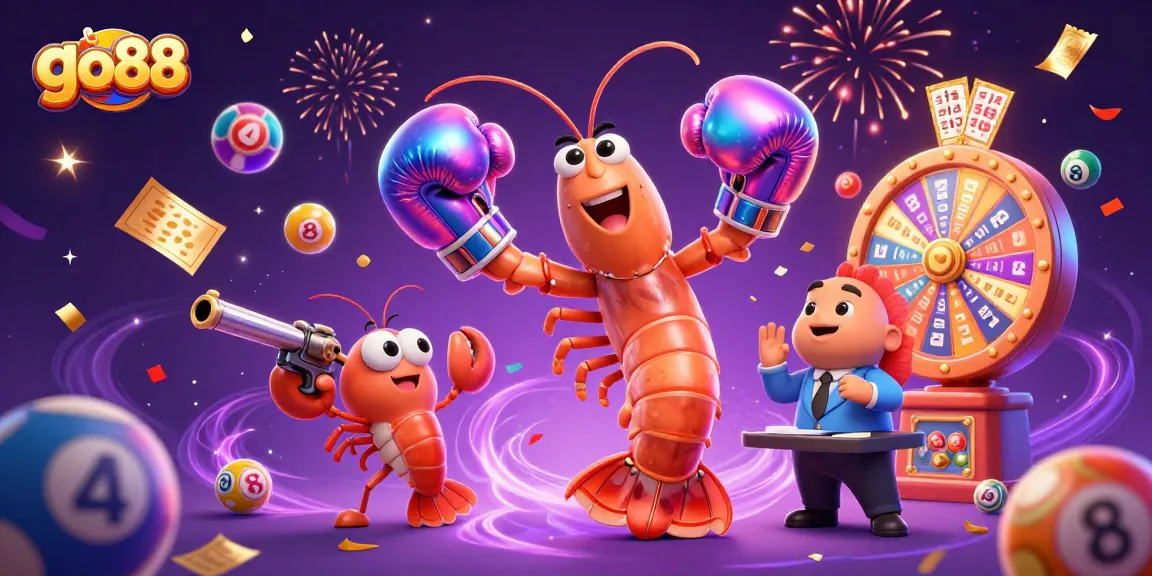 Experience the excitement of go88 with dynamic lottery elements and vibrant characters in this 3D illustration.