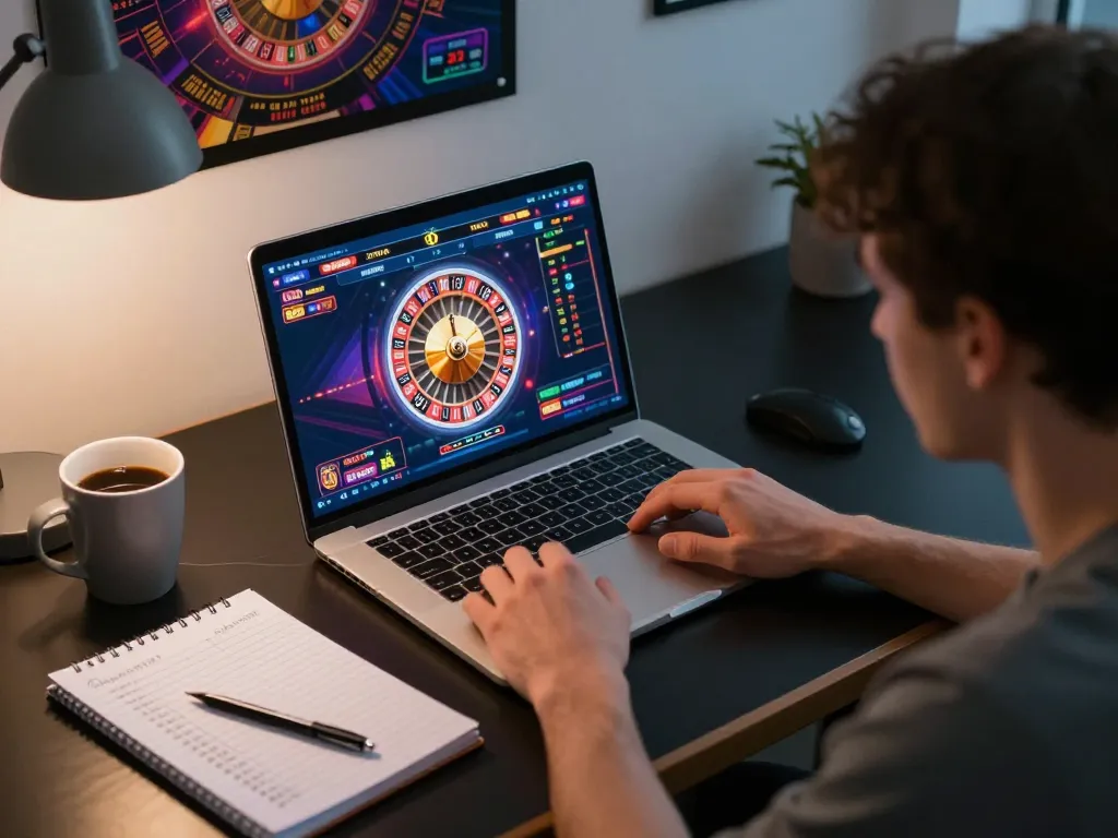 Playing a thrilling online casino game at Nhà Cái SC88 with focused strategy notes and vibrant graphics on screen.