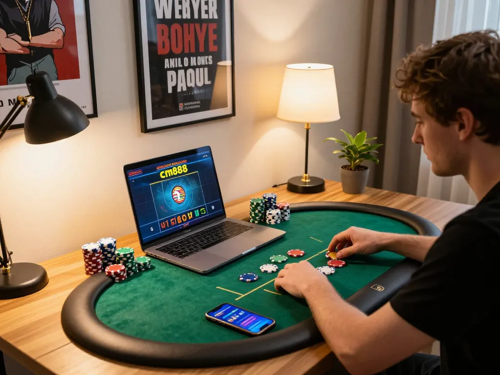 Engaging online poker gameplay experience featuring cm888 gaming interface on a laptop.