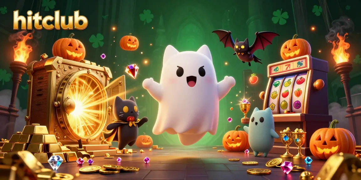 Hitclub transforms the haunted casino scene with a ghost cat and vampire bat surrounded by glowing treasures.