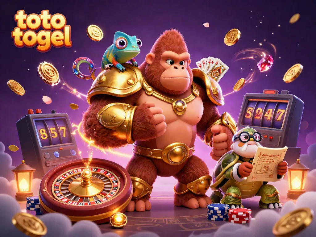Experience toto togel excitement in a vibrant 3D scene with fantasy characters and casino elements.