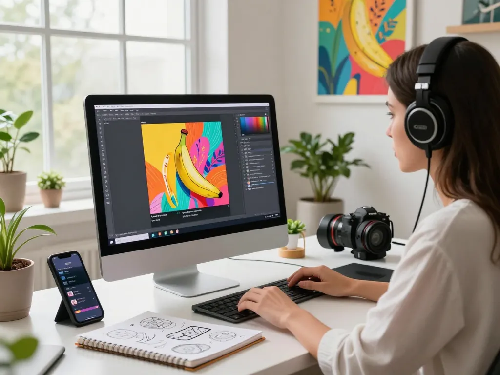 Artist creating vibrant designs using the nano banana 2 AI image editor in a modern workspace.