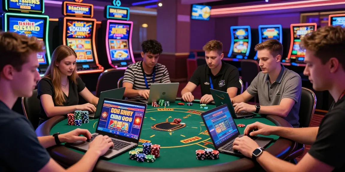 Exciting USA casinos for UK players featuring enthusiastic gamers at vibrant online gaming setups.