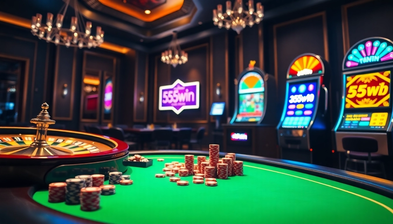 Engaging scene of players enjoying poker at 555win casino with vibrant decor and energy.