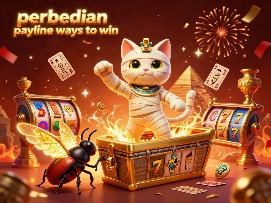 Gambaran mendalam tentang perbedaan payline dan ways to win dalam slot, ditampilkan melalui karakter kucing mumi Mesir dan elemen kasino.