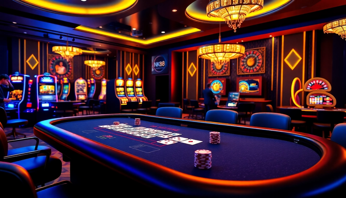 Experience the thrill of NK88 through an engaging online casino scene showcasing luxury gaming elements.