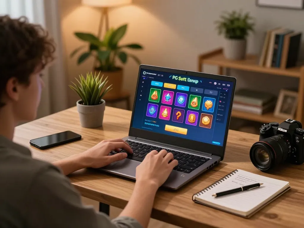 Memainkan demo PG Soft Lengkap di laptop dalam pengaturan permainan rumah yang nyaman dengan catatan strategi.