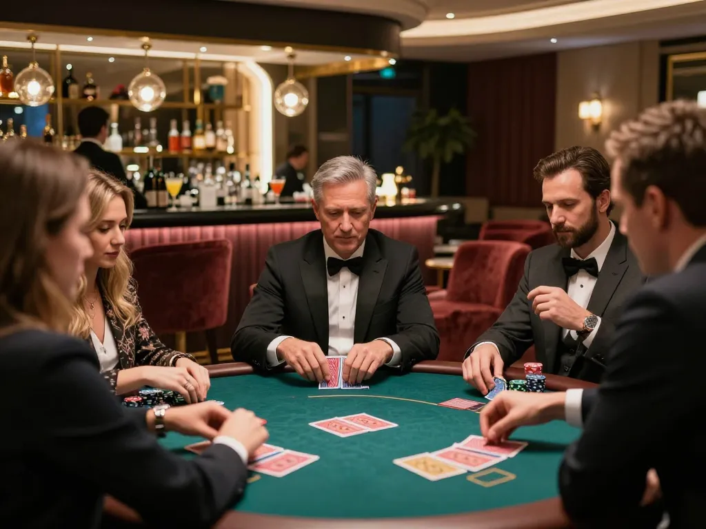 Casinoscope gaming scene showing players engaged in card games within a classy casino lounge atmosphere