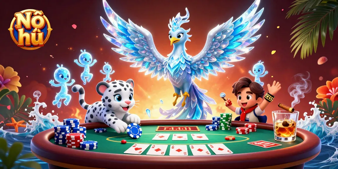 Experience thrilling Nổ hũ gameplay with dynamic characters and vibrant casino elements in this exciting illustration.