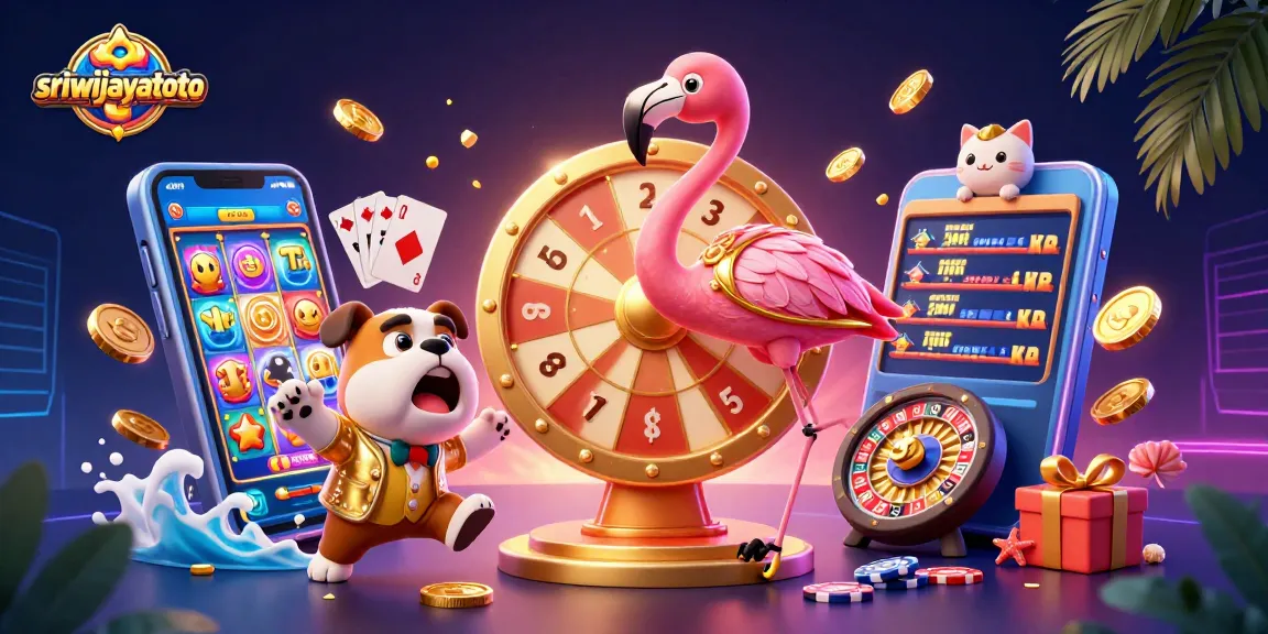 Sriwijayatoto hosts an exciting game show scene with a flamingo, bulldog, and cat as characters