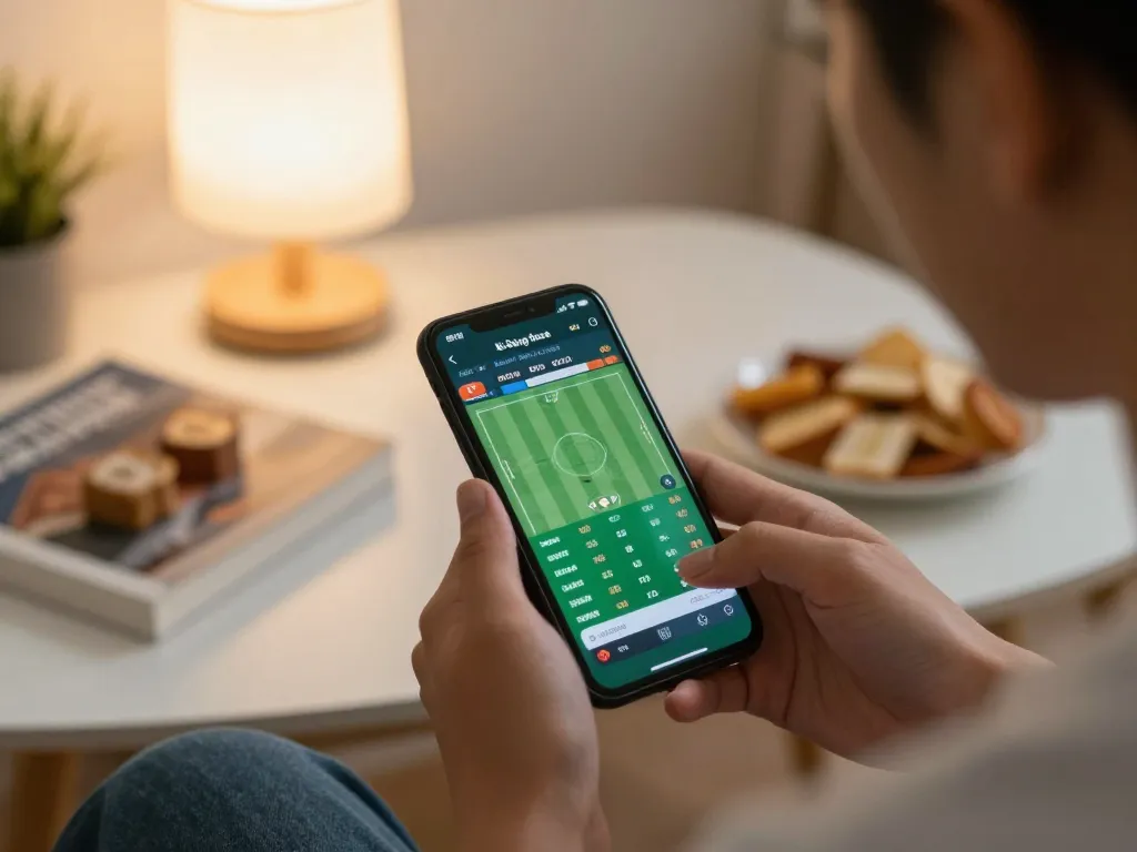 Engaging in kèo bóng đá trực tuyến betting on a smartphone in a cozy home setting.