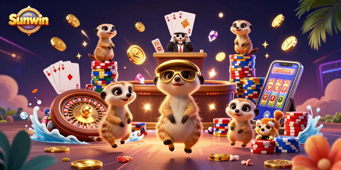 Join the excitement at Sunwin's vibrant casino, featuring whimsical meerkats celebrating wins!