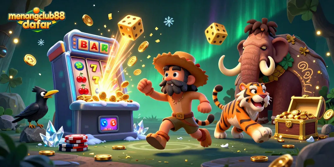 Experience menangclub88 daftar with a lively prehistoric casino scene featuring vibrant characters and action.