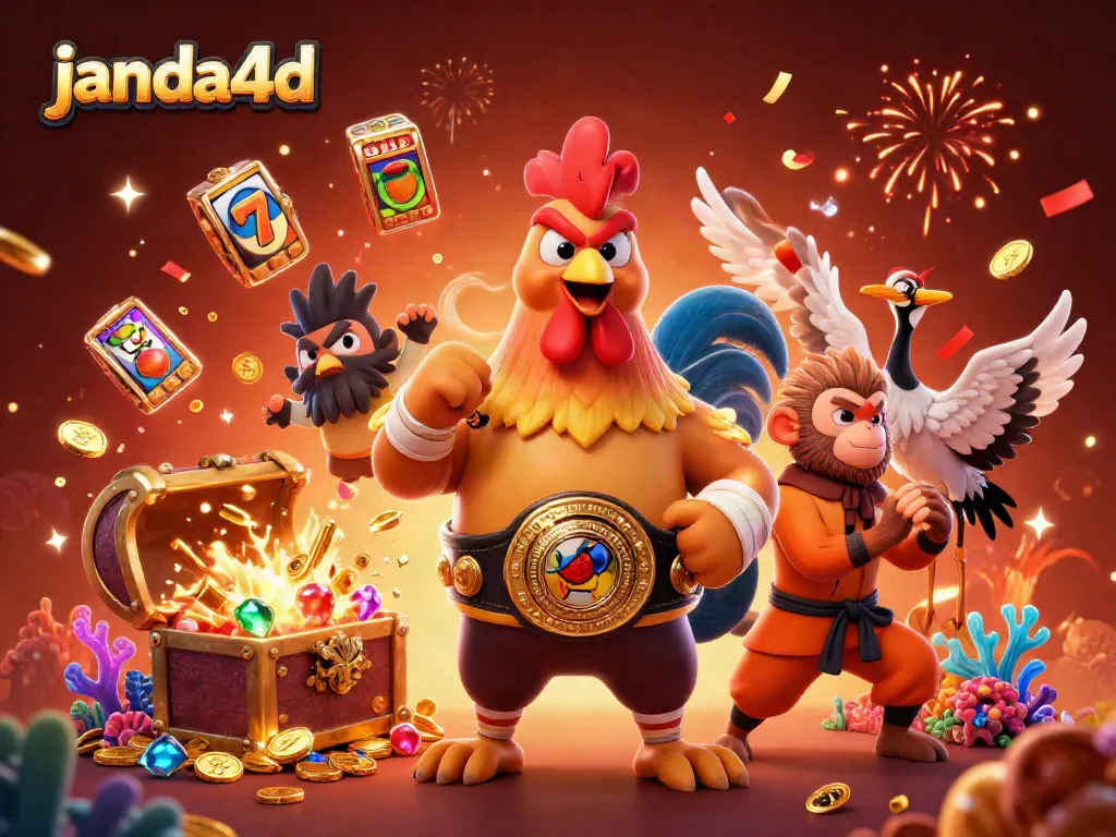 Janda4d memamerkan ilustrasi 3D yang meriah dengan karakter petarung dalam suasana kasino digital.