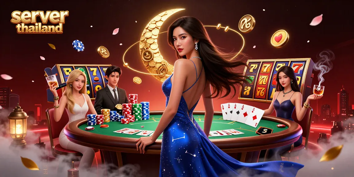 Explore vibrant server thailand slots with an elegant Asian woman among colorful gaming elements.