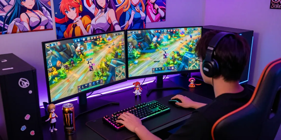 Engaging player enjoying hentai games on dual monitors, vibrant anime art, and dynamic gaming setup.