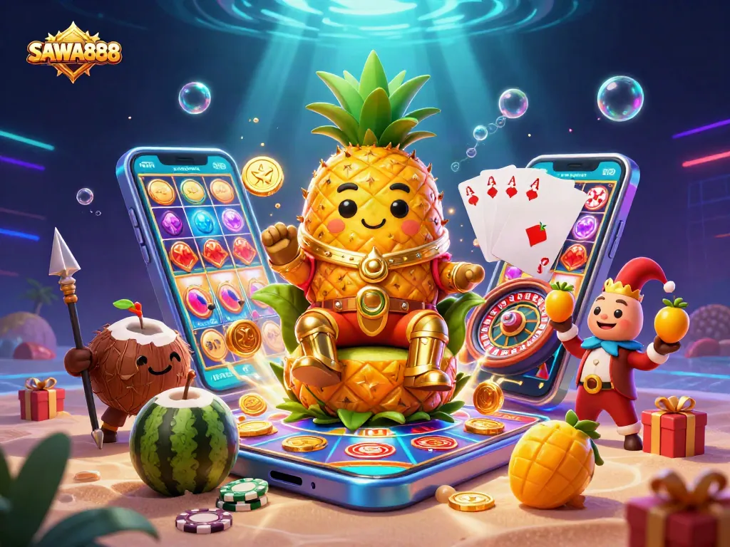 Experience the vibrant world of SAWA888 Casino with energetic characters and dynamic slots.