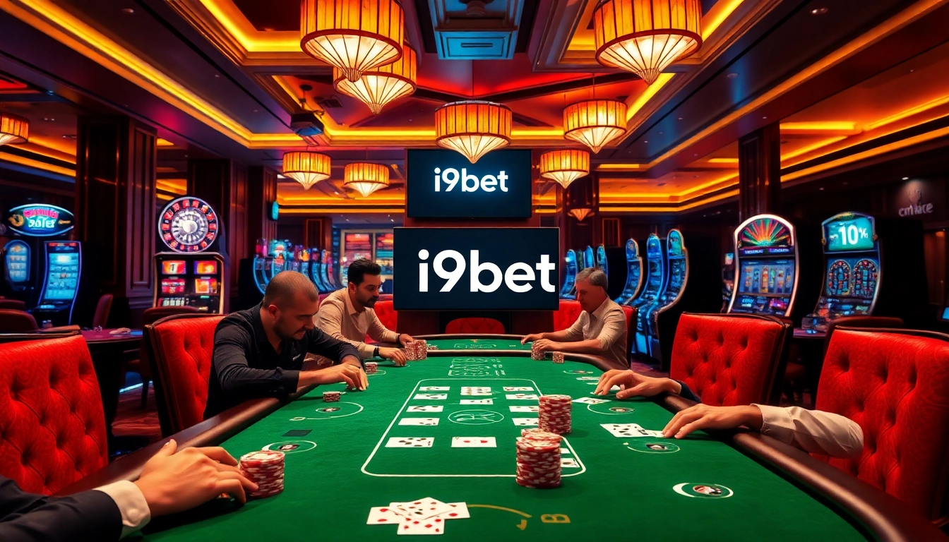 Experience high-stakes gaming at i9bet's luxurious poker table surrounded by thrilling casino elements.