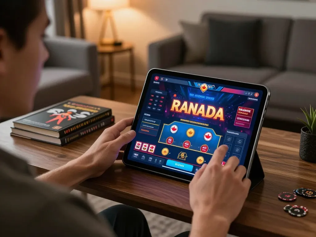 Engaged user playing at online casinos in Canada on a tablet in a stylish home office.