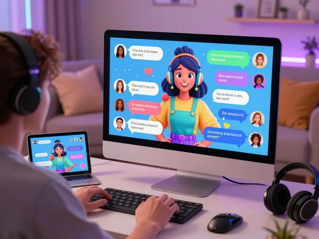 Engaging scene of nsfw chat interaction with vibrant AI character in cozy virtual space.