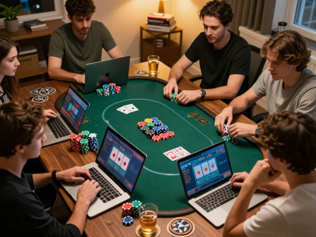 Participants strategizing in an online poker game on 3win, showcasing excitement and approach.
