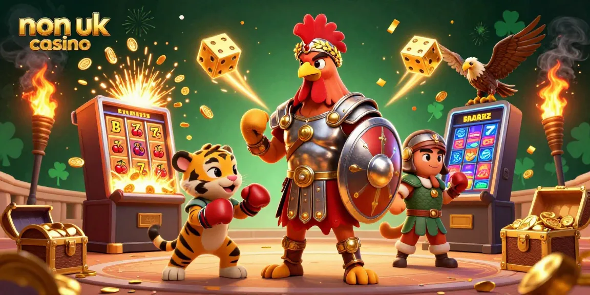 Experience thrilling action at a non uk casino with a 3D cartoon gladiator rooster and exciting game elements.