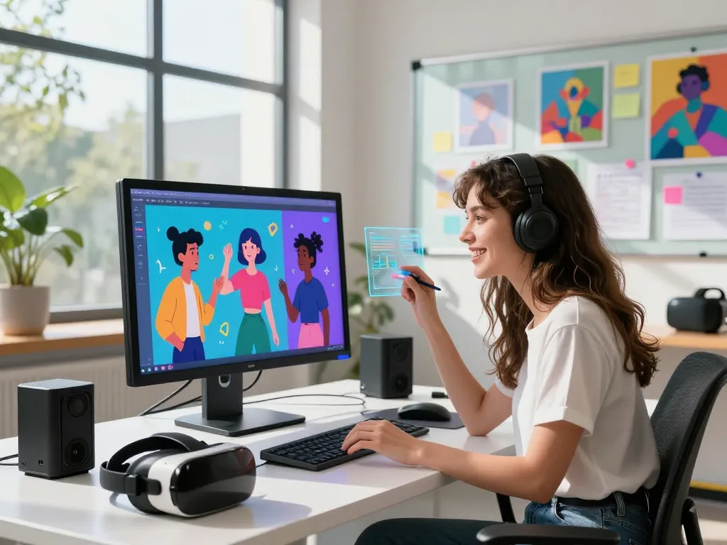 Young woman interacting with nsfw ai on a touchscreen in a bright digital studio, showcasing futuristic tech and vibrant atmosphere.