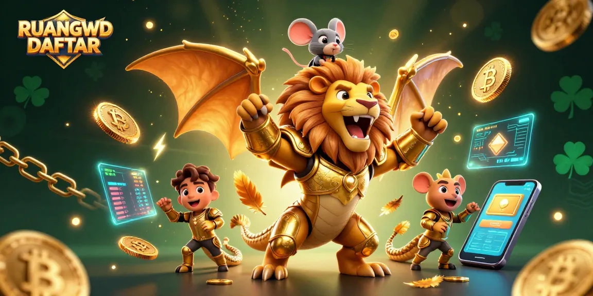 Spin to win with RUANGWD DAFTAR, featuring a triumphant chimera, crypto coins, and vibrant game elements.