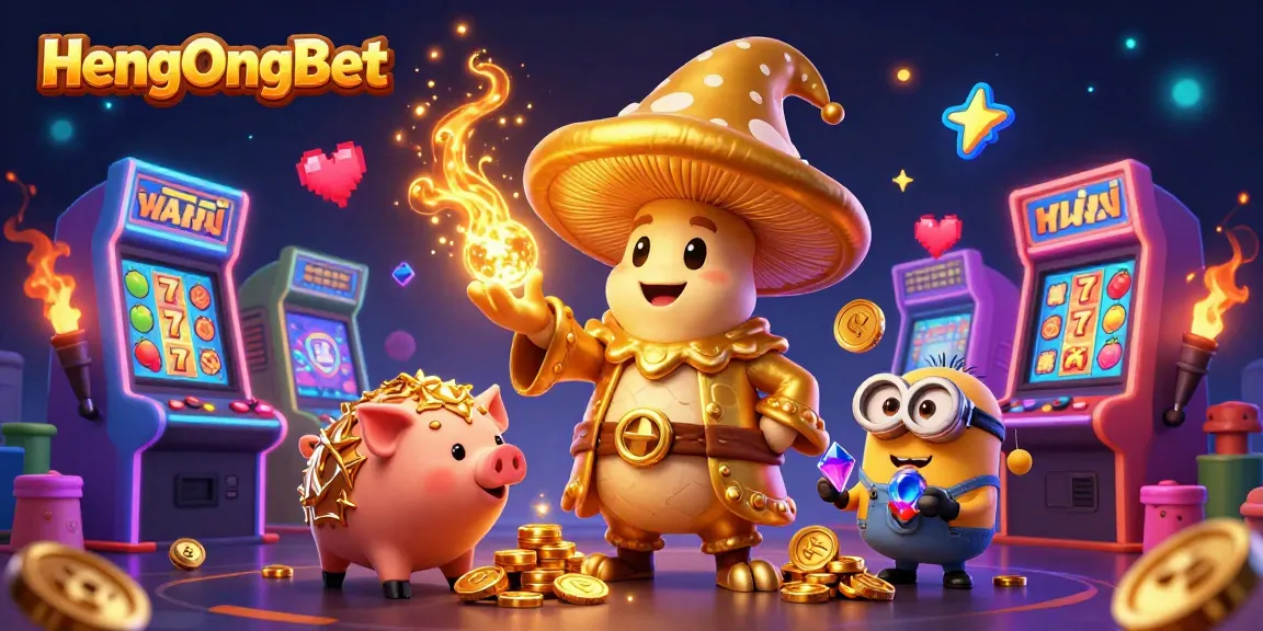 Experience the magic of HengOngBet with a golden mushroom wizard and treasure-hunting truffle pig in a vibrant casino setting.