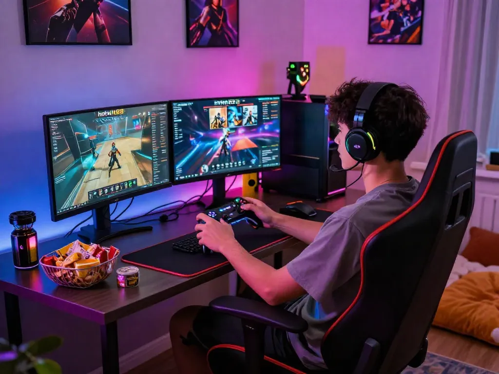 Player enjoying the hotwin88 experience in a vibrant gaming room, showcasing modern gaming setup and atmosphere.
