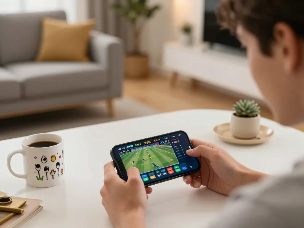 Betting on sports using 88BET app on smartphone in a cozy home setting